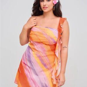 Curve Colorful Ruffled One-Shoulder Dress Plus